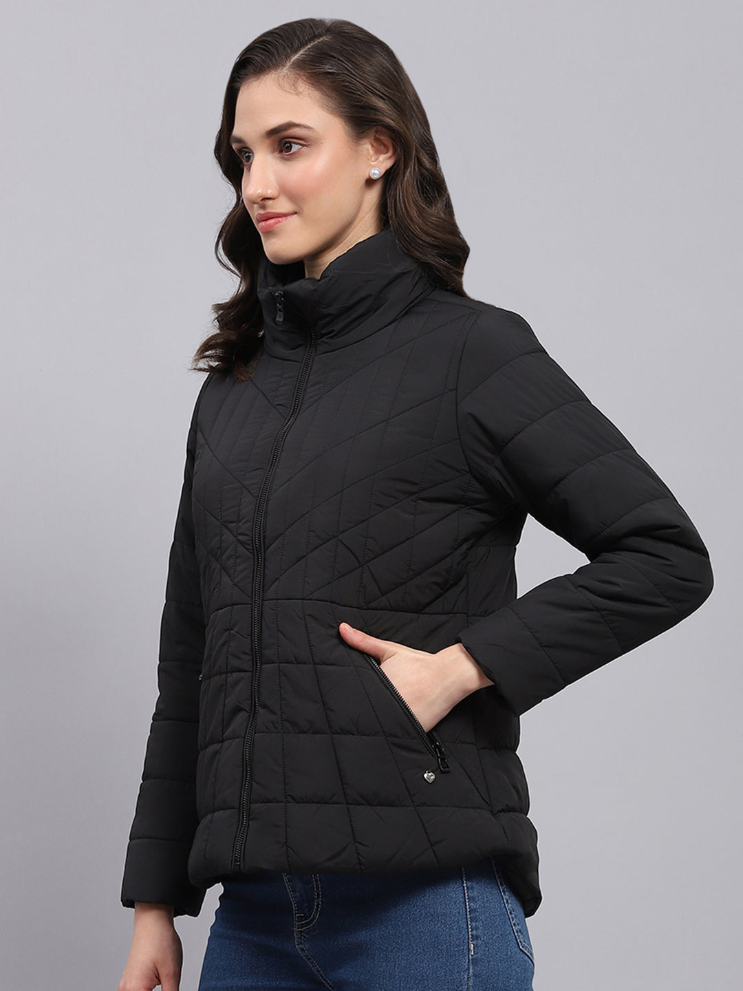 Women Black Solid High Neck Full Sleeve Jacket