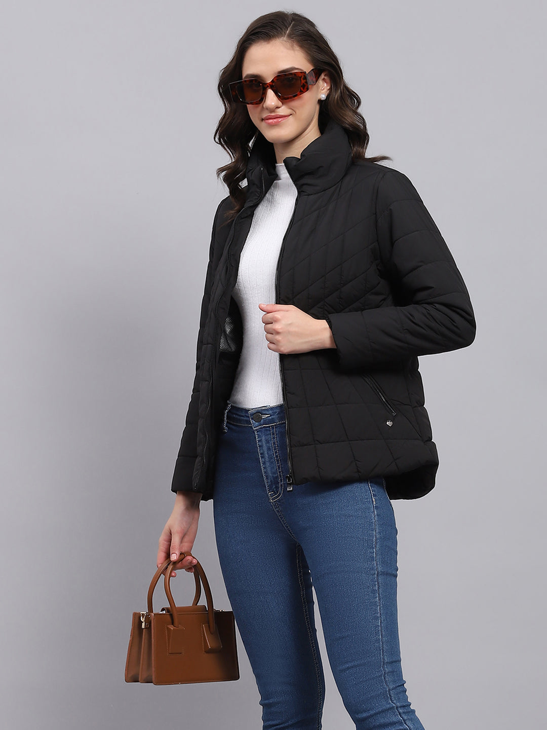 Women Black Solid High Neck Full Sleeve Jacket