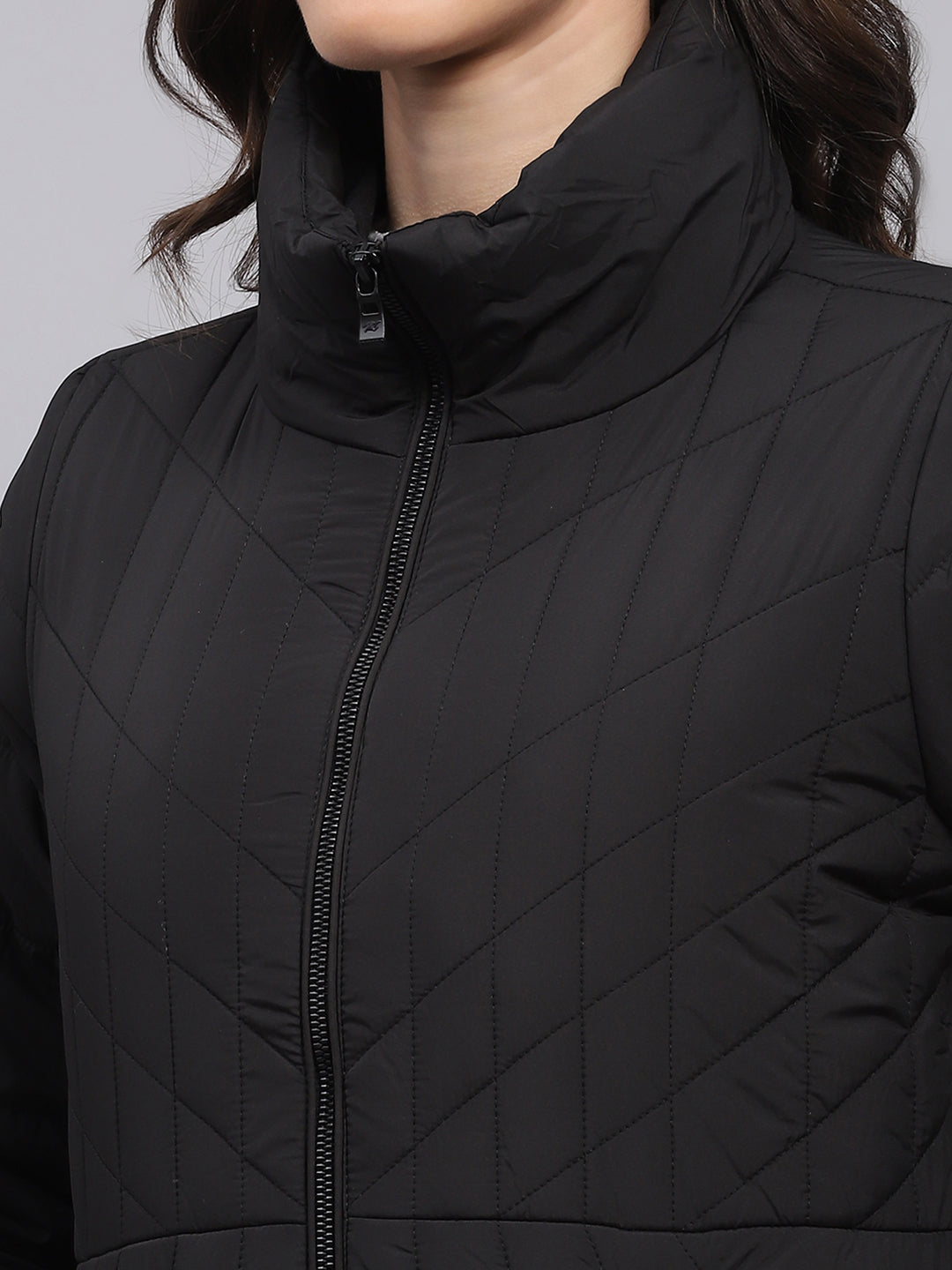 Women Black Solid High Neck Full Sleeve Jacket