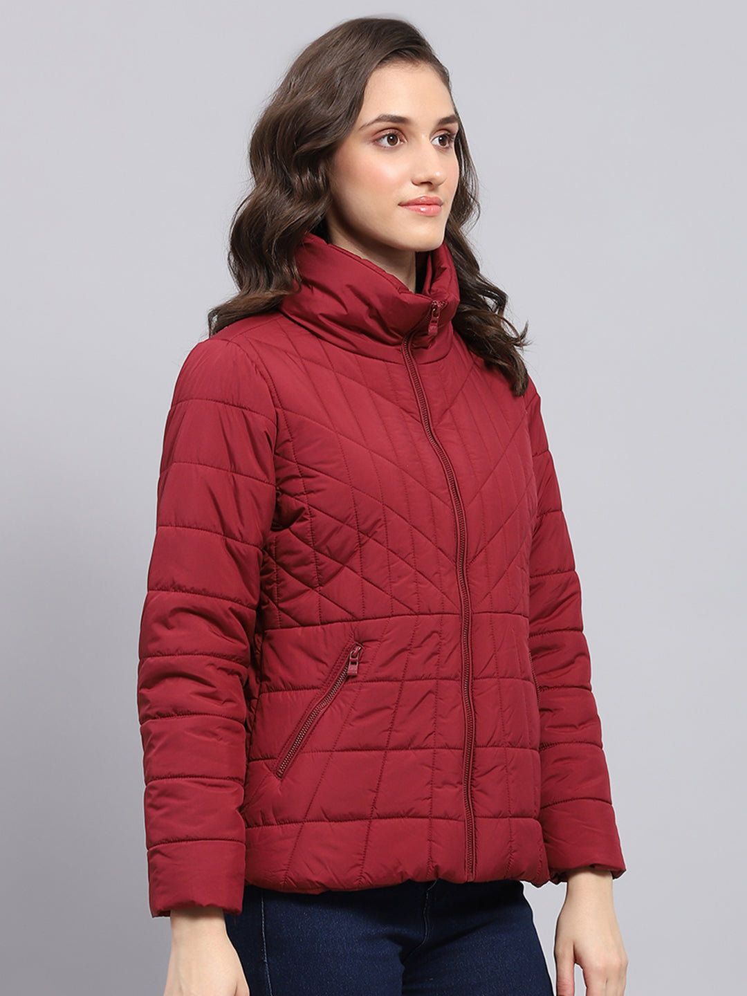 Women Maroon Solid High Neck Full Sleeve Jacket