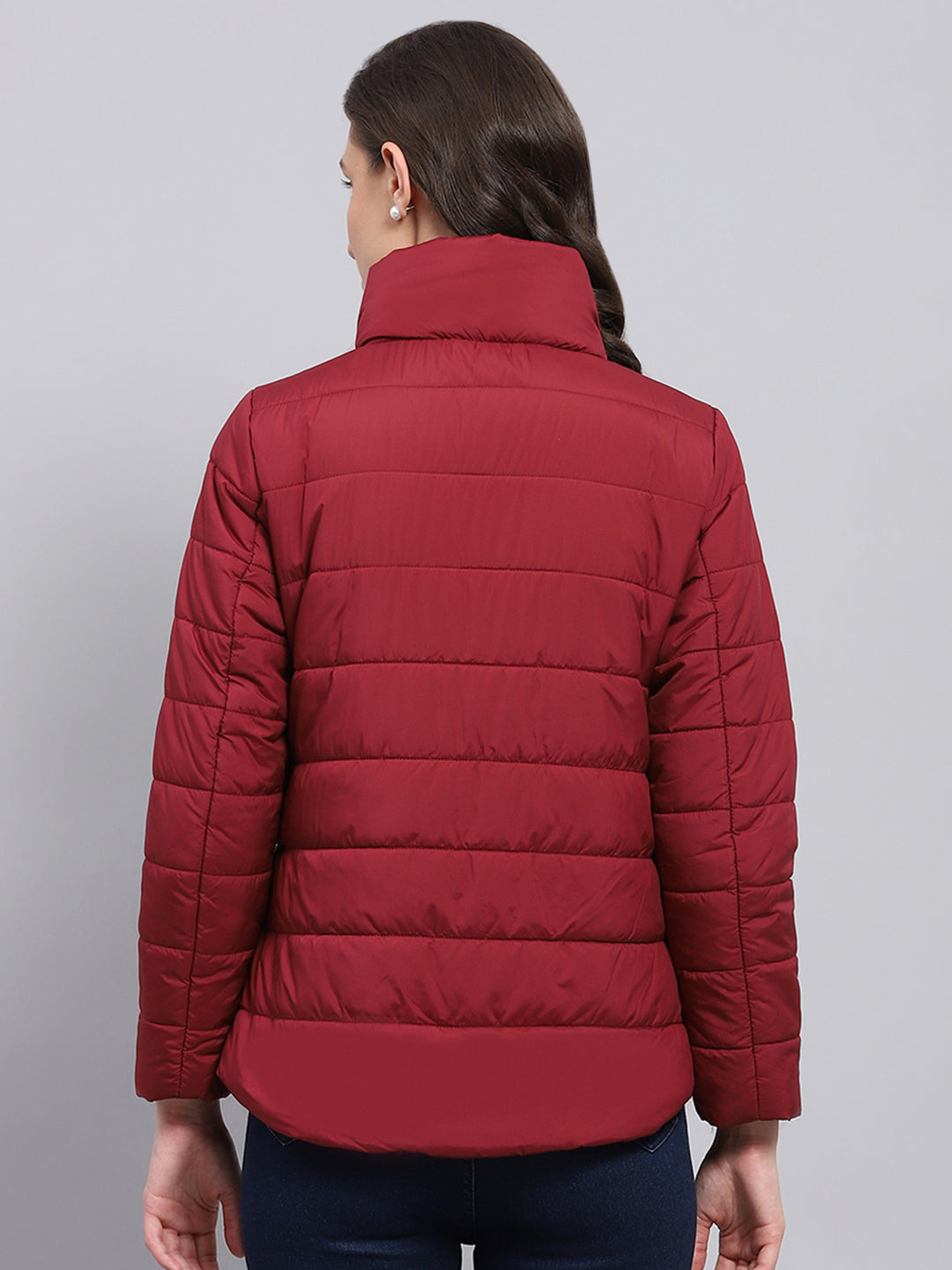 Women Maroon Solid High Neck Full Sleeve Jacket