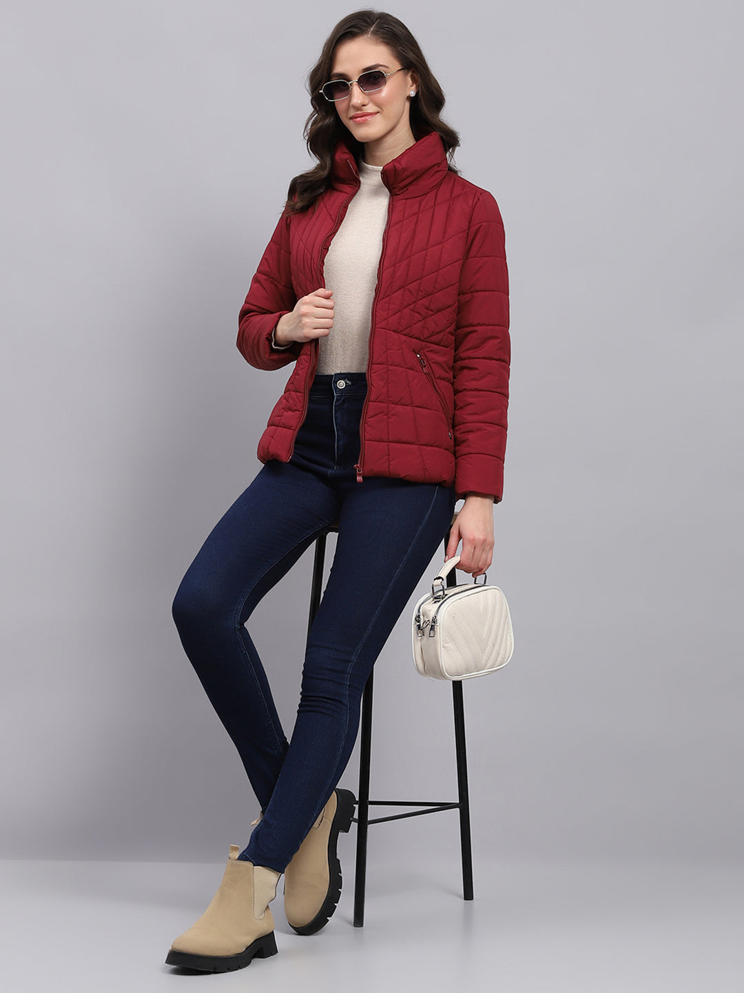 Women Maroon Solid High Neck Full Sleeve Jacket