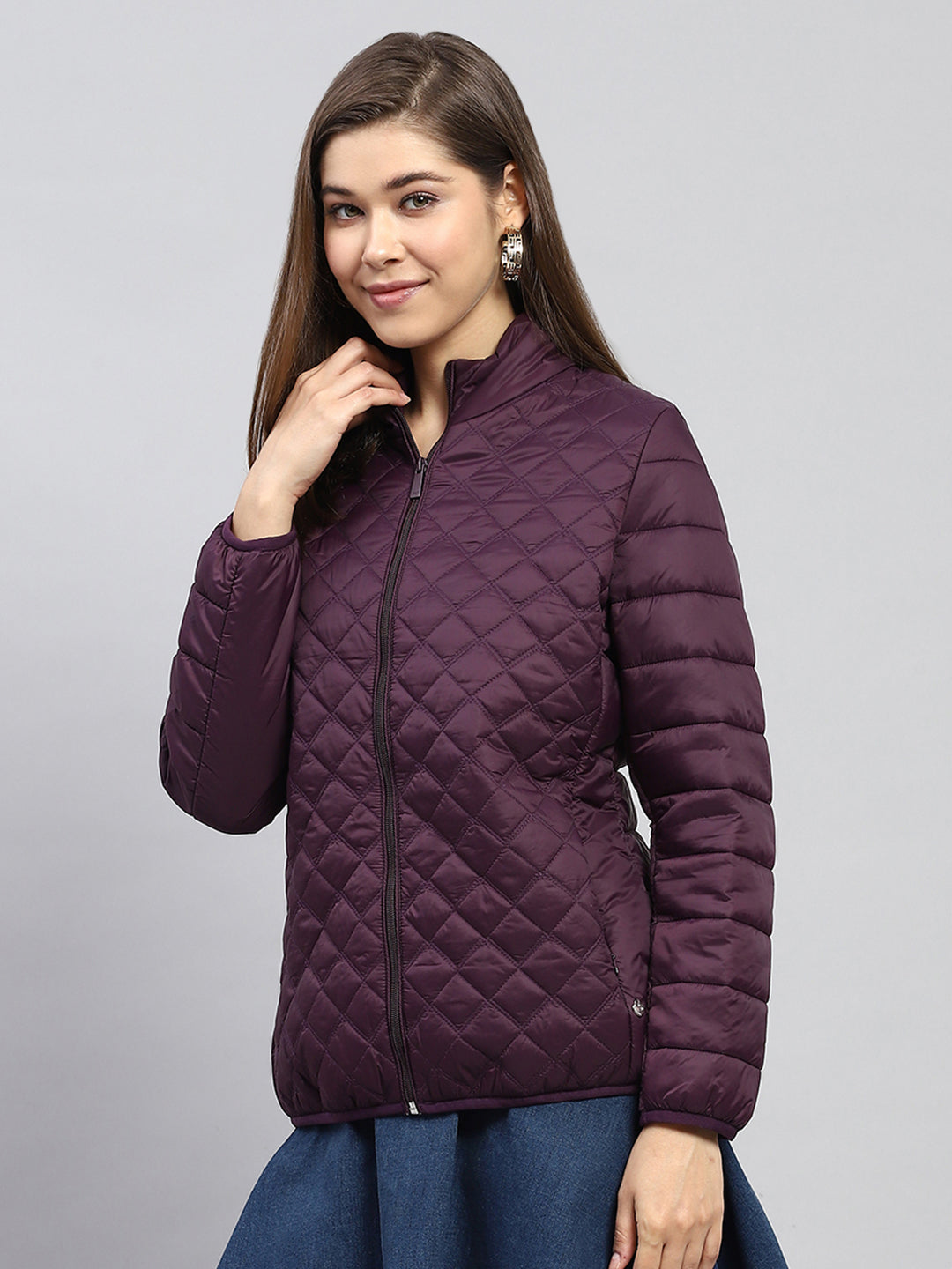 Women Burgundy Self Design Mock Neck Full Sleeve Jacket