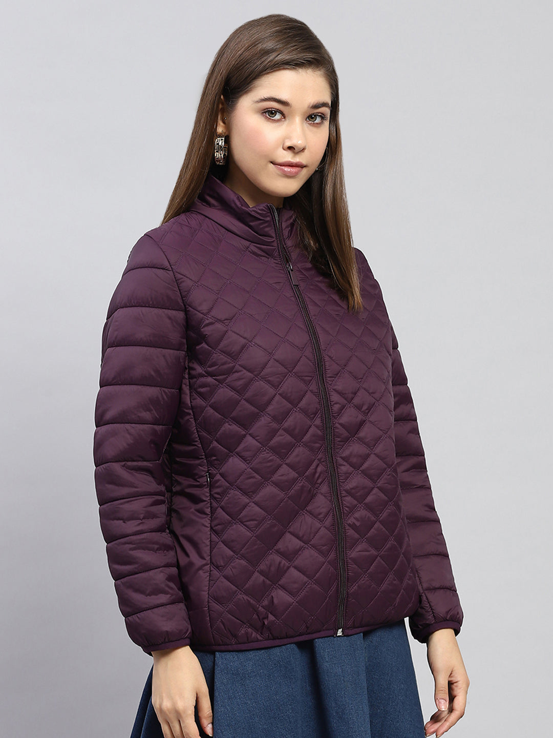 Women Burgundy Self Design Mock Neck Full Sleeve Jacket