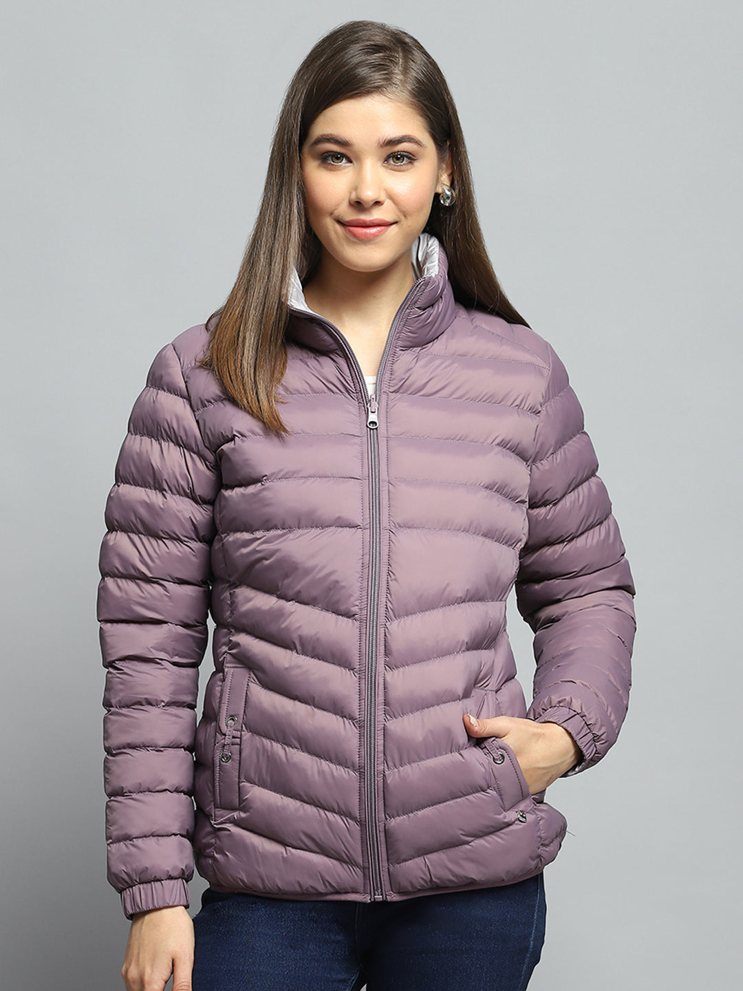 Women Purple Solid Mock Neck Full Sleeve Reversible Jacket