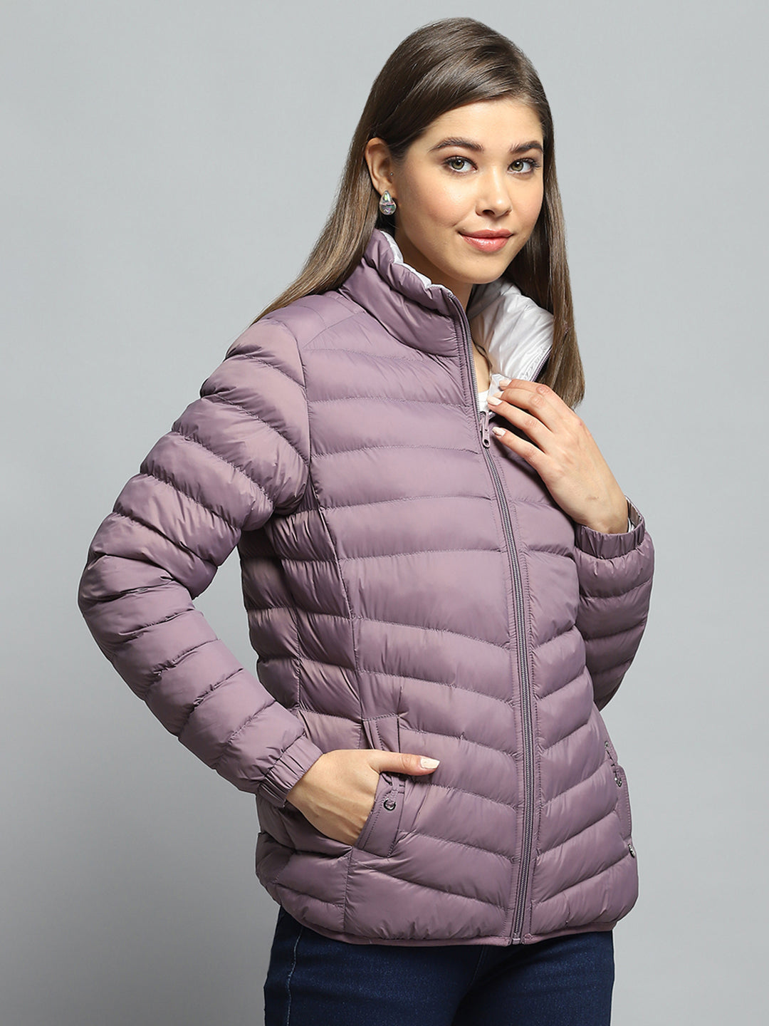 Women Purple Solid Mock Neck Full Sleeve Reversible Jacket