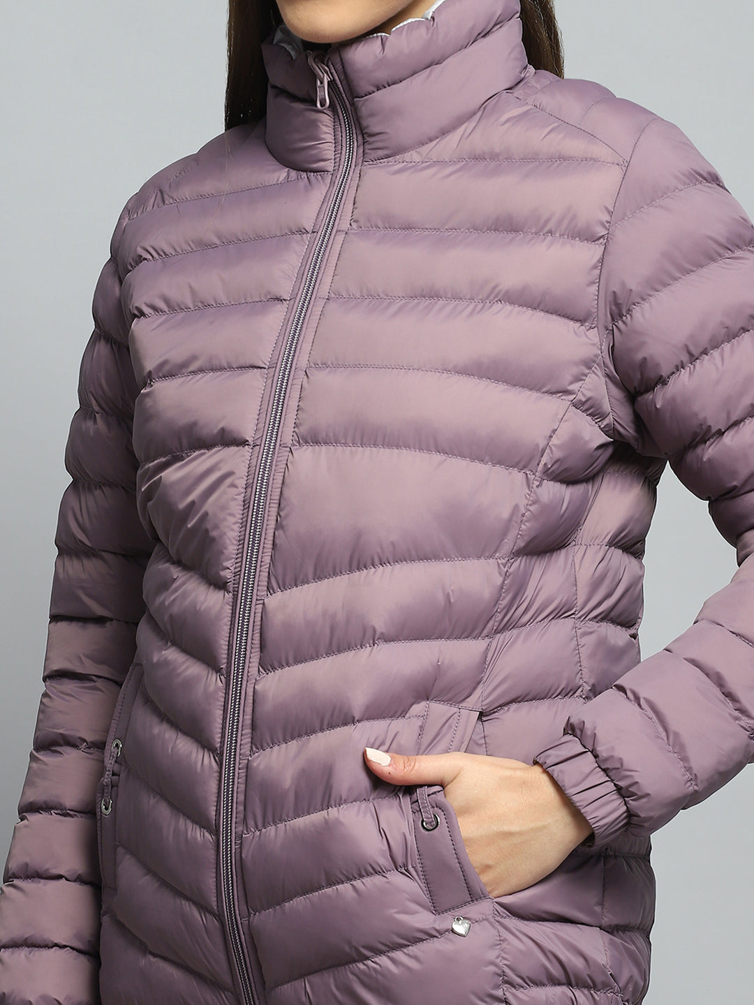 Women Purple Solid Mock Neck Full Sleeve Reversible Jacket