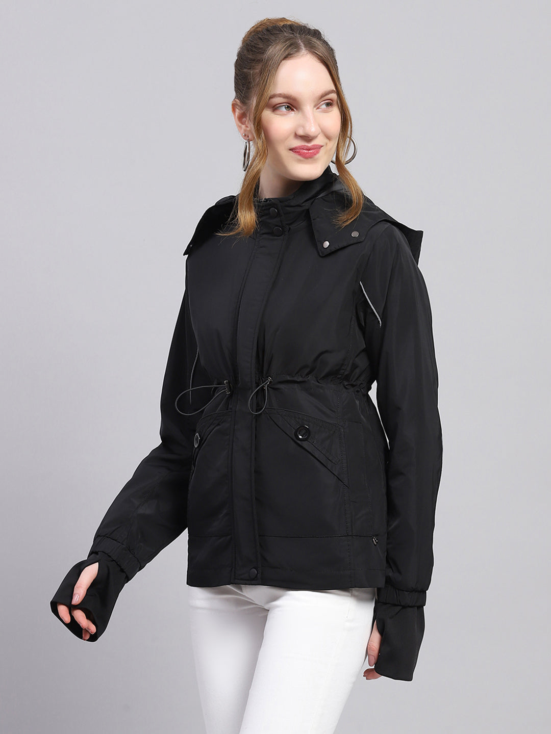 Women Black Solid Detachable Hood Full Sleeve Jacket