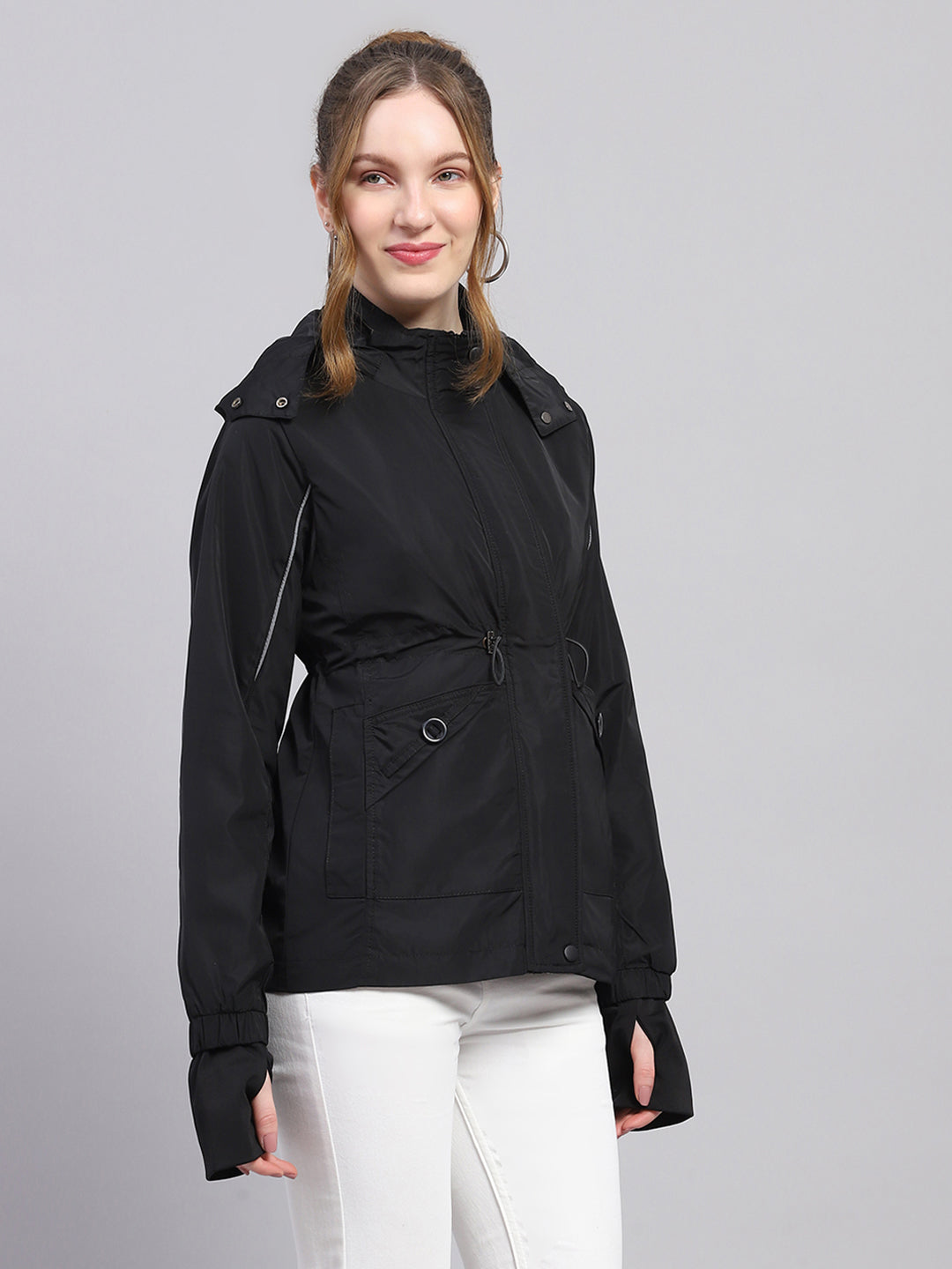 Women Black Solid Detachable Hood Full Sleeve Jacket