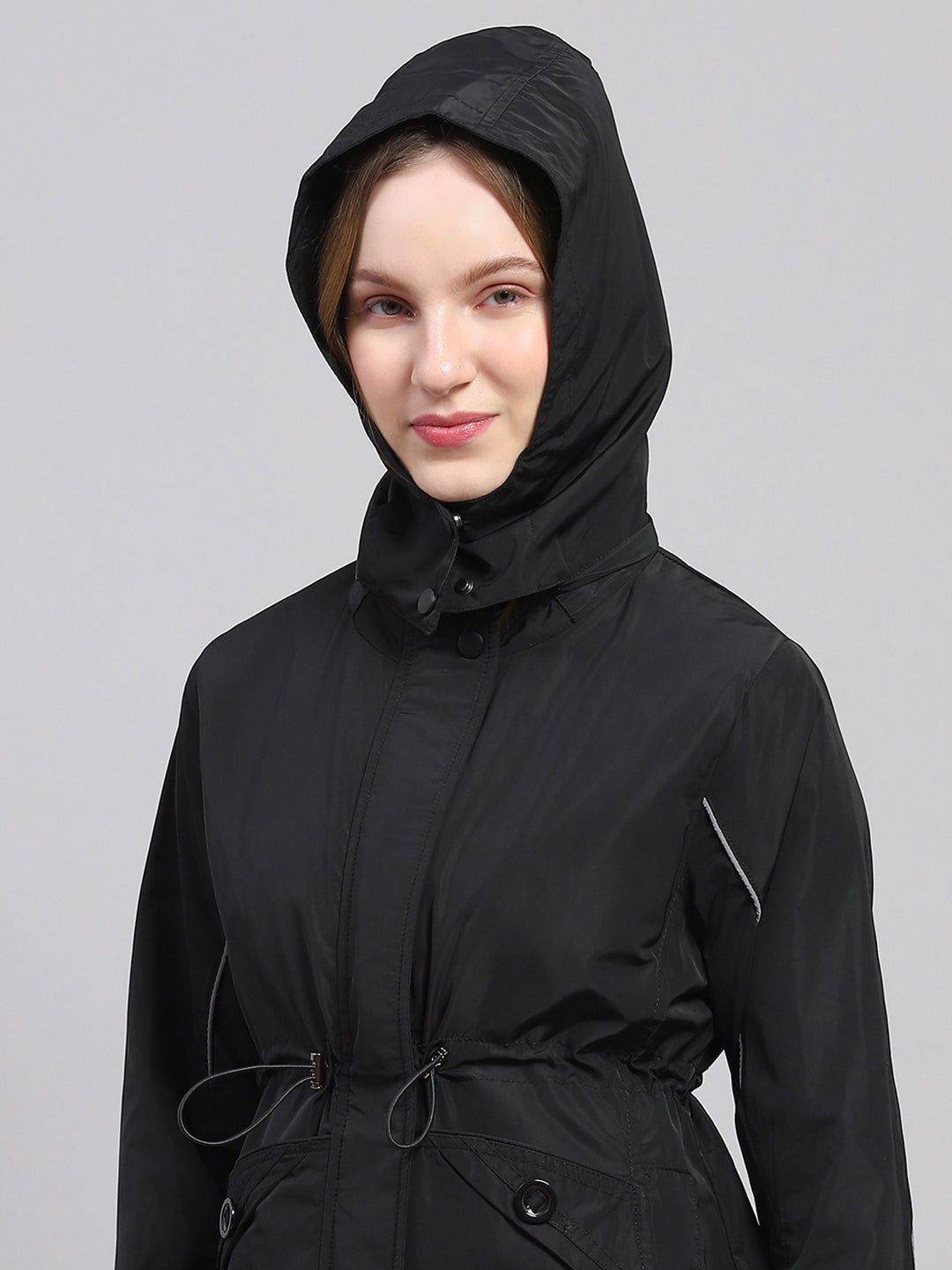 Women Black Solid Detachable Hood Full Sleeve Jacket