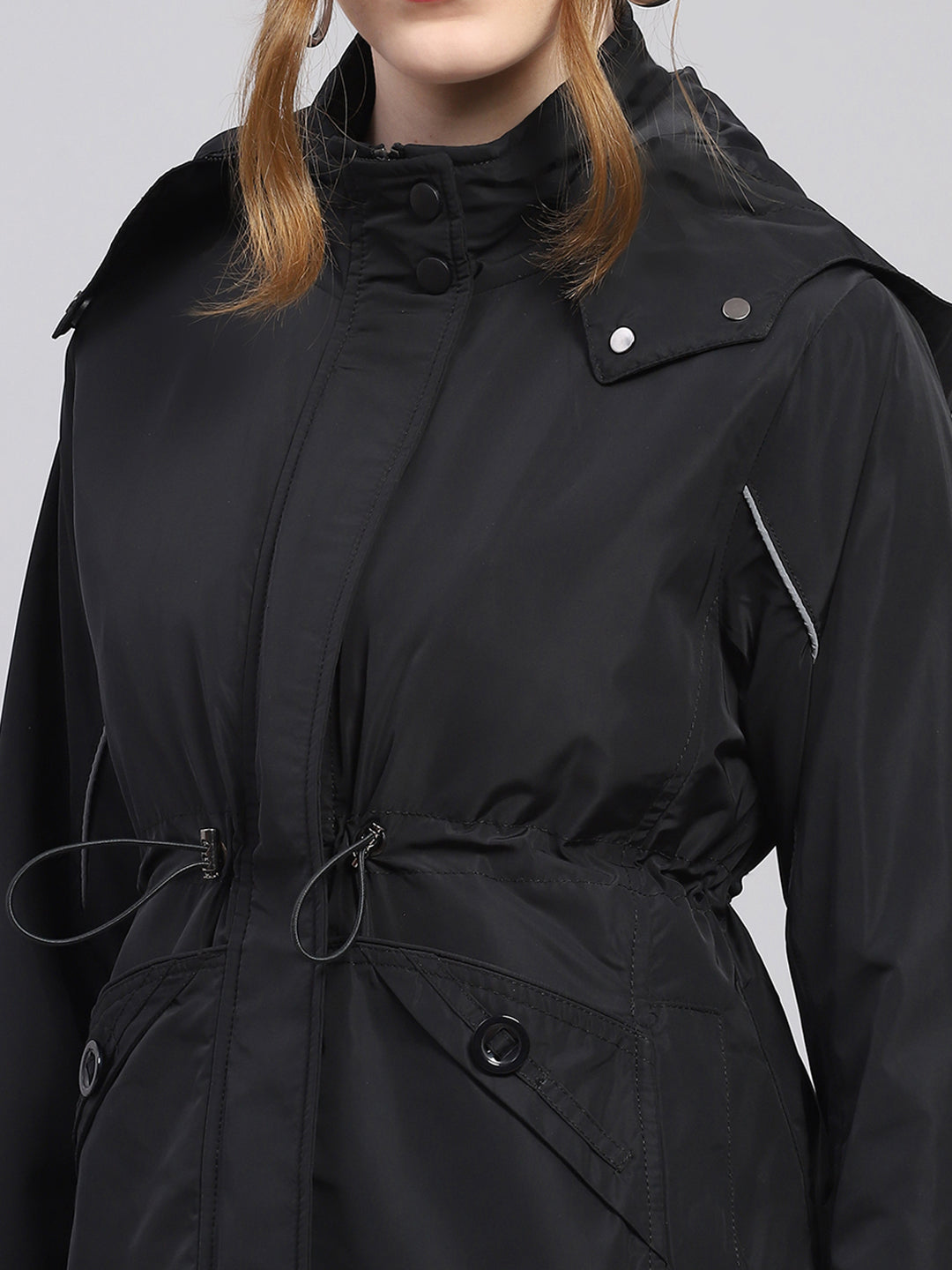 Women Black Solid Detachable Hood Full Sleeve Jacket