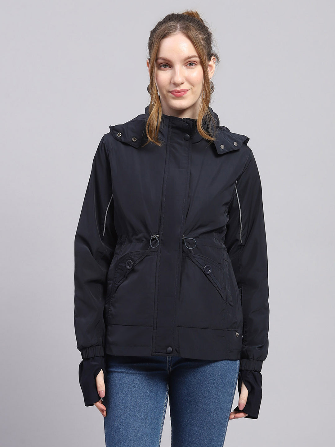 Women Navy Blue Solid Detachable Hood Full Sleeve Jacket