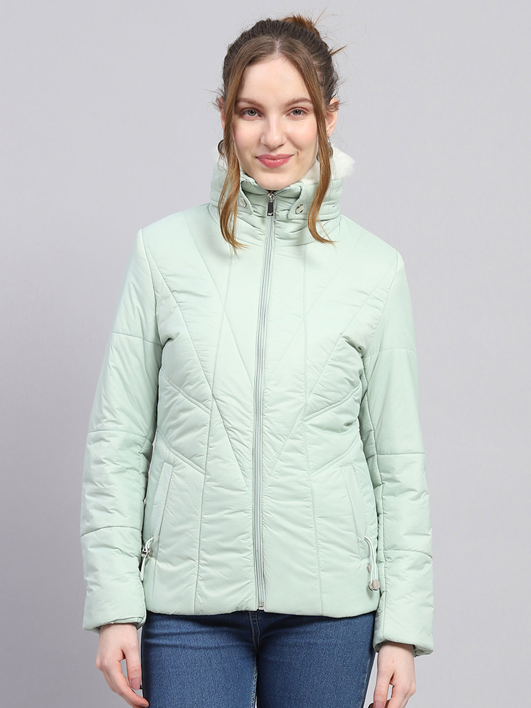 Women Green Solid Collar Full Sleeve Jacket