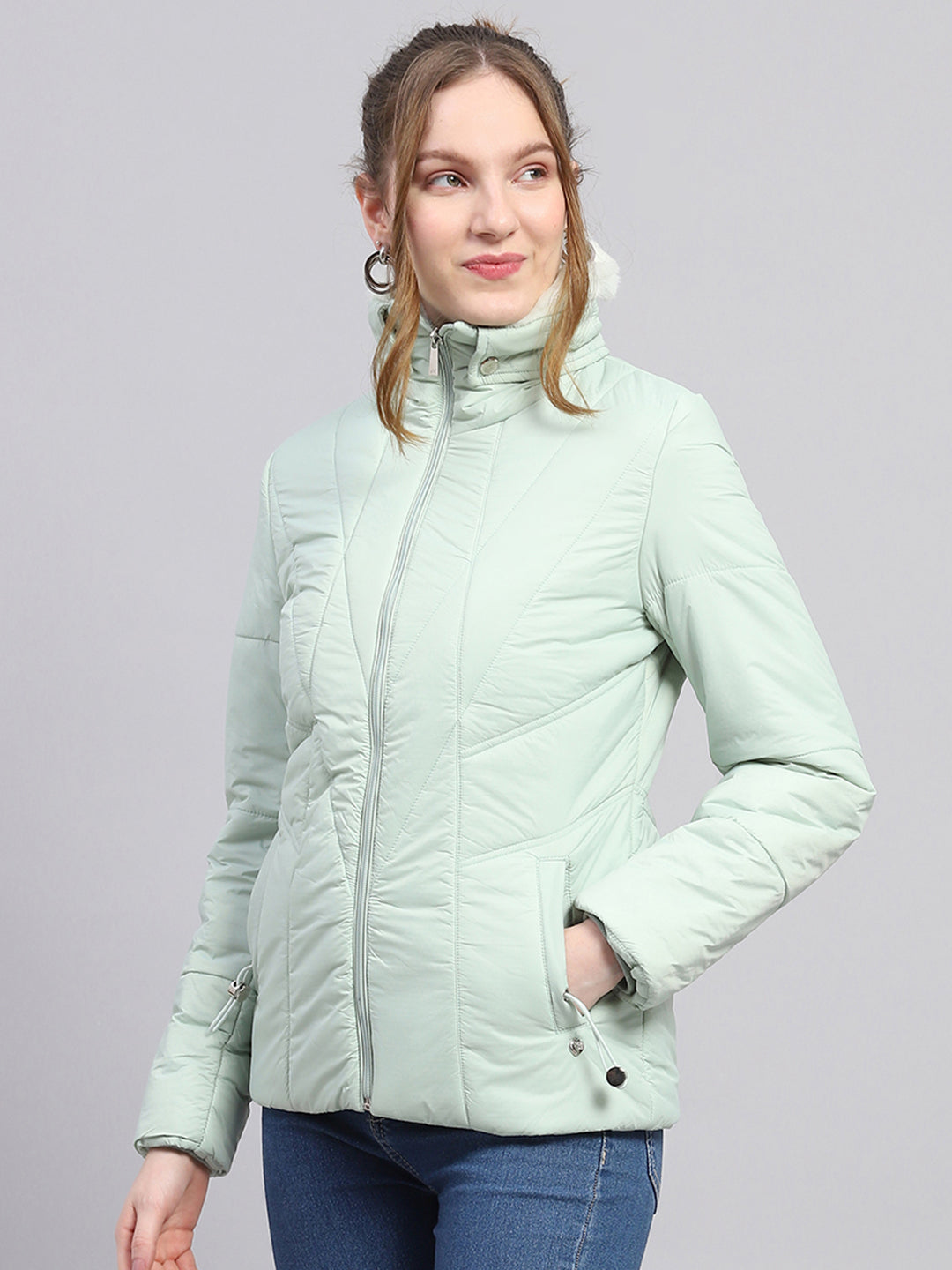 Women Green Solid Collar Full Sleeve Jacket