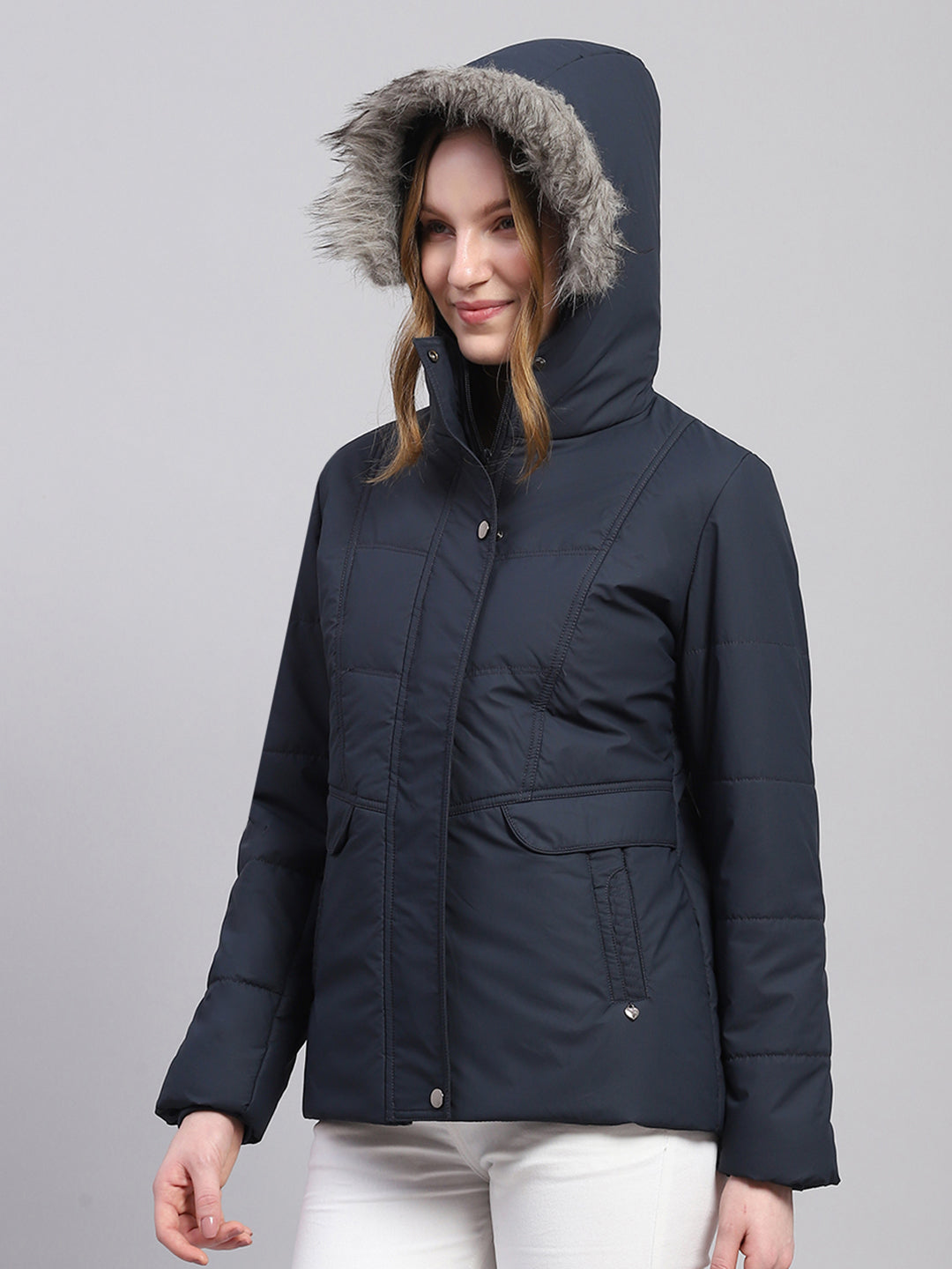 Women Navy Blue Solid Hooded Full Sleeve Jacket