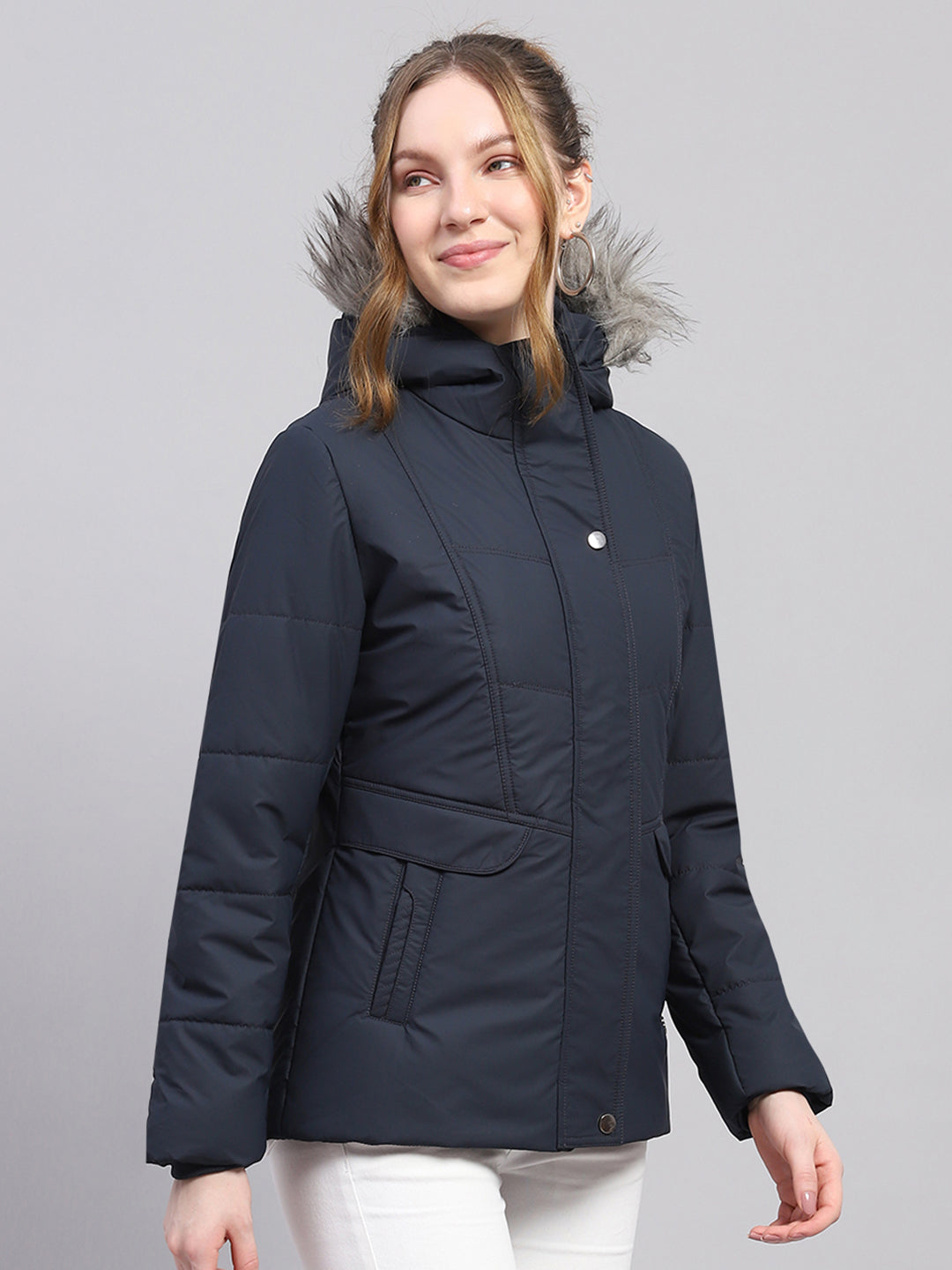 Women Navy Blue Solid Hooded Full Sleeve Jacket