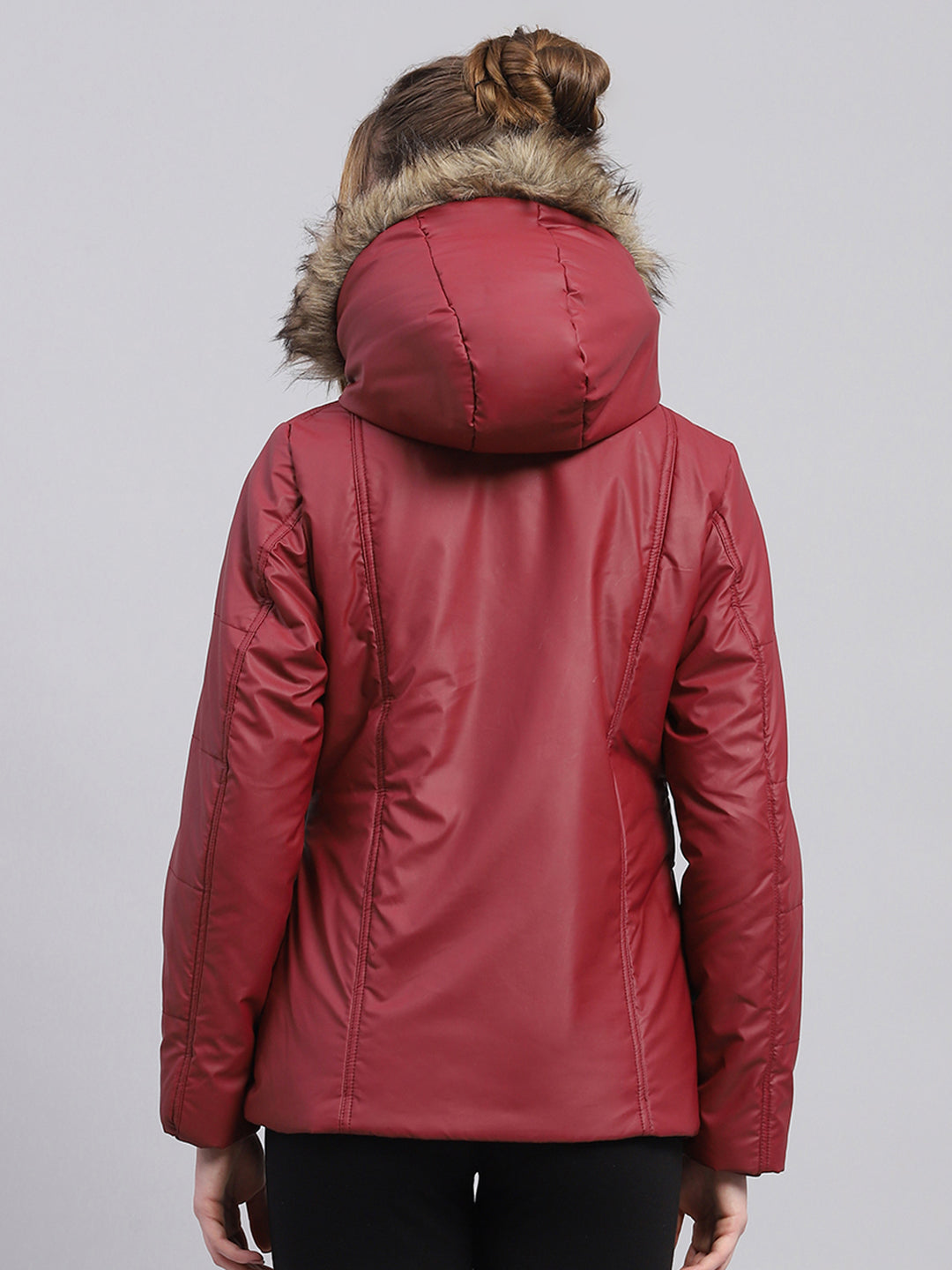 Women Maroon Solid Hooded Full Sleeve Jacket