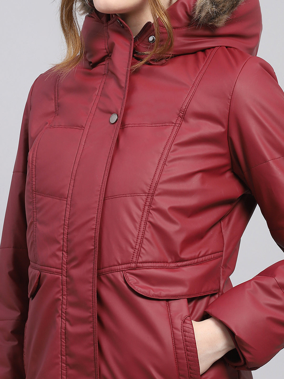 Women Maroon Solid Hooded Full Sleeve Jacket