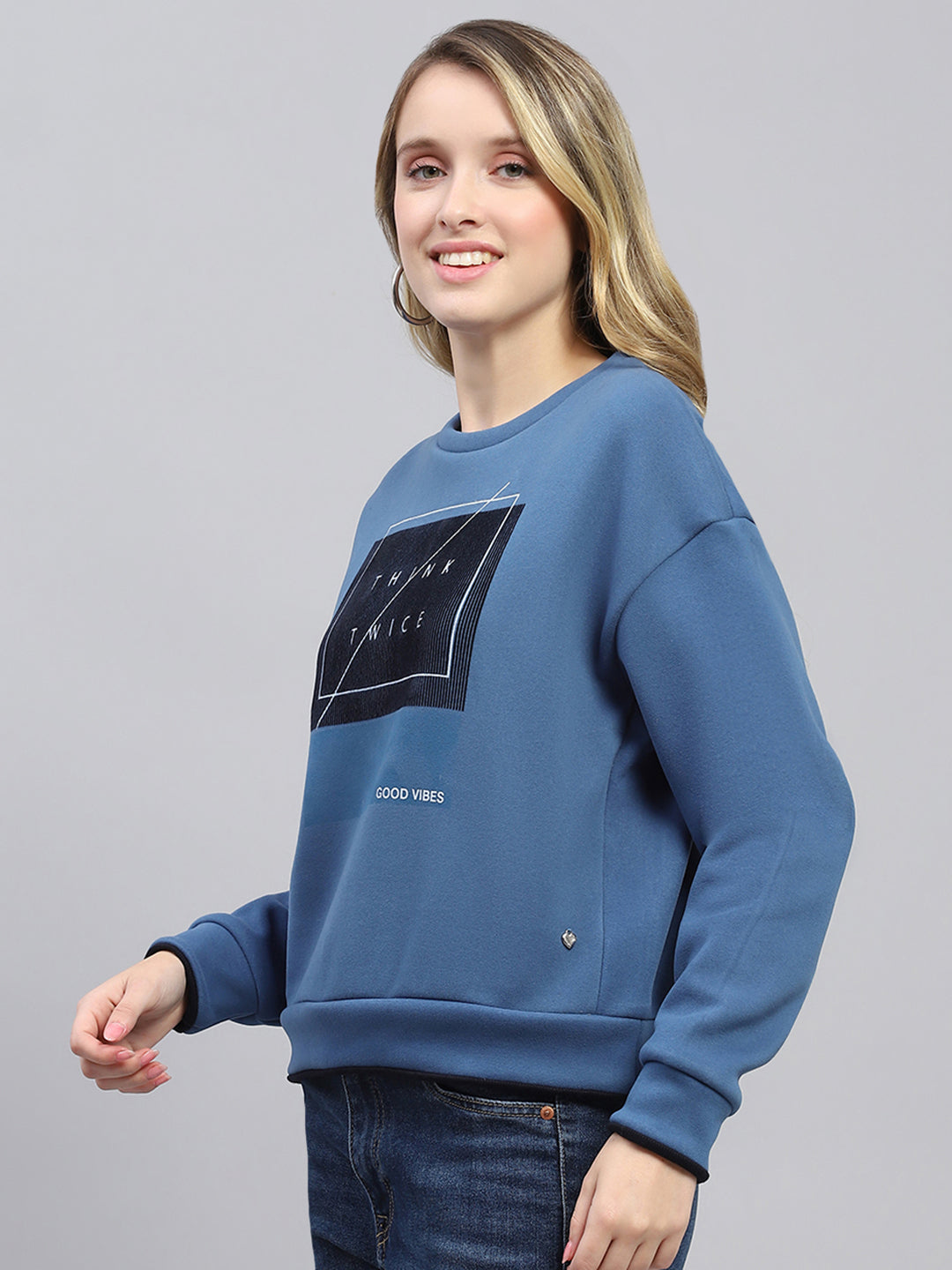 Women Blue Printed Round Neck Full Sleeve Sweatshirt