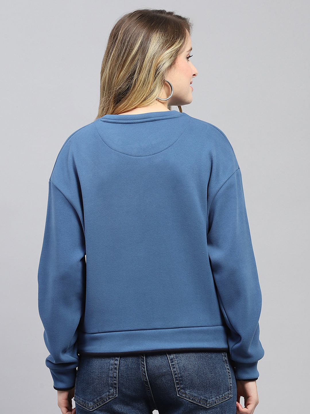 Women Blue Printed Round Neck Full Sleeve Sweatshirt