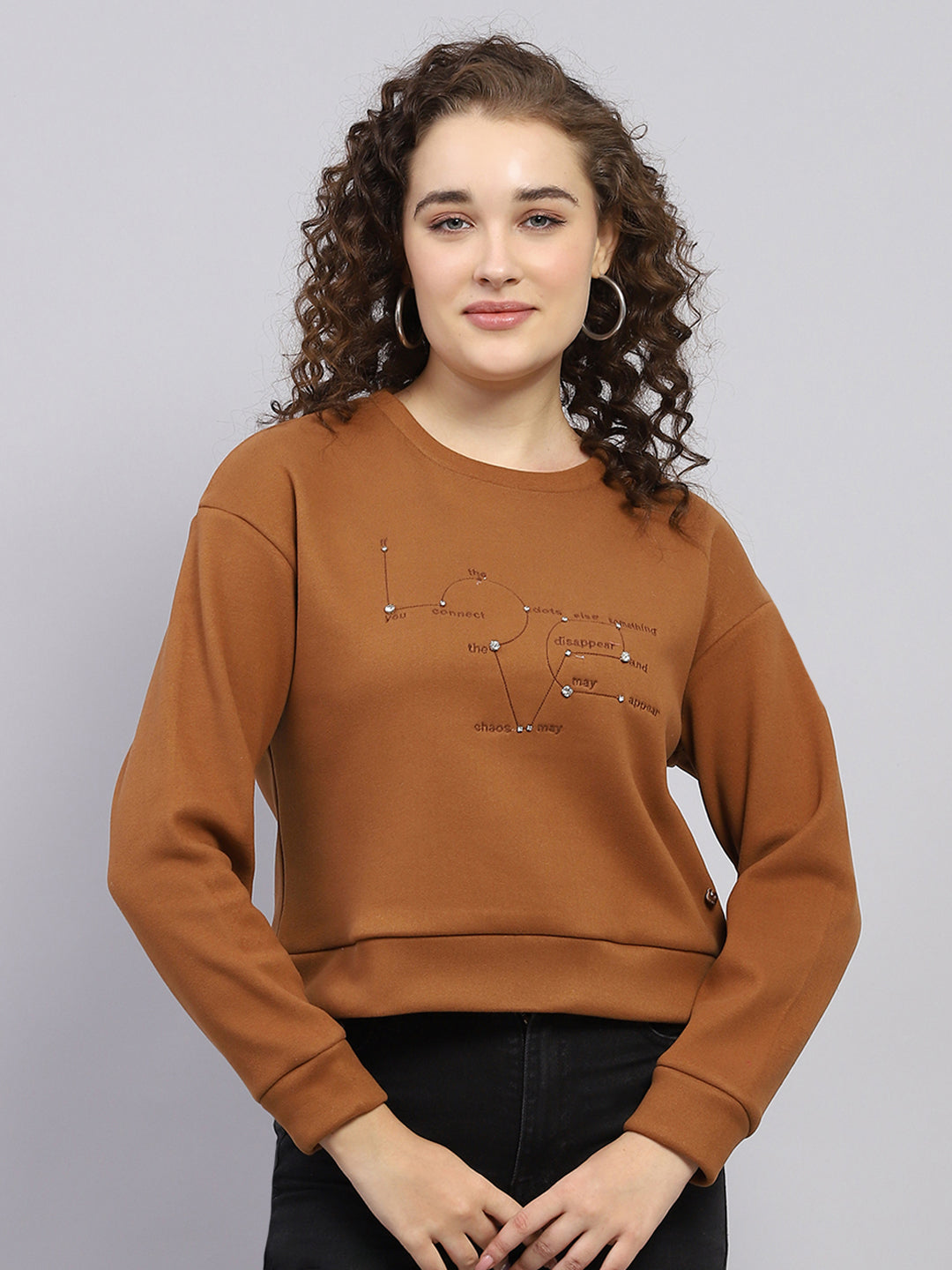 Women Brown Embroidered Round Neck Full Sleeve Sweatshirt