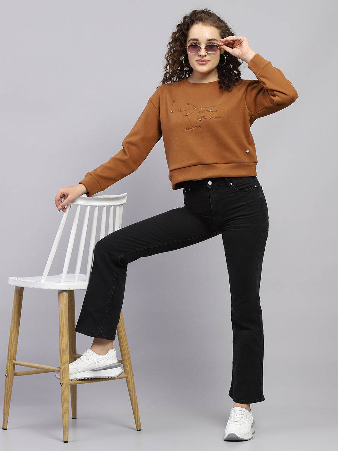 Women Brown Embroidered Round Neck Full Sleeve Sweatshirt