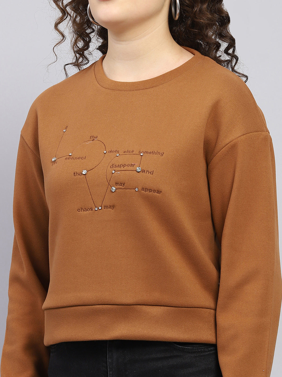 Women Brown Embroidered Round Neck Full Sleeve Sweatshirt