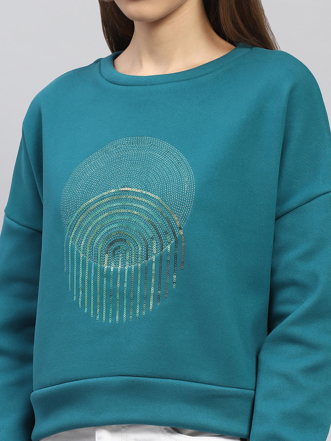 Women Green Printed Round Neck Full Sleeve Sweatshirt