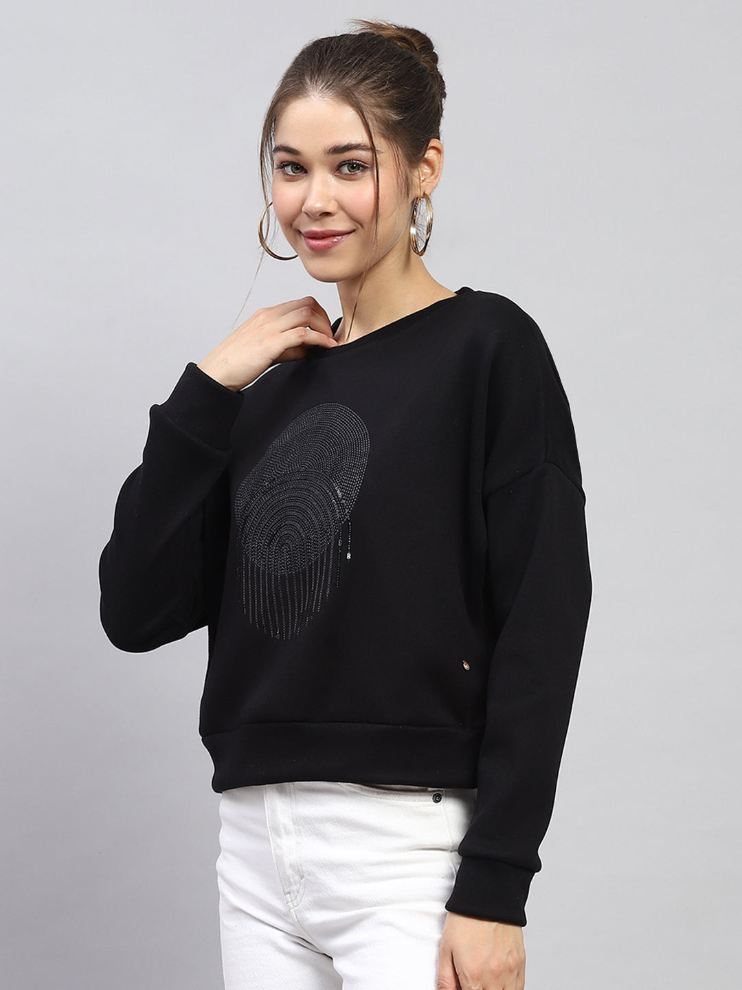 Women Black Embroidered Round Neck Full Sleeve Sweatshirt