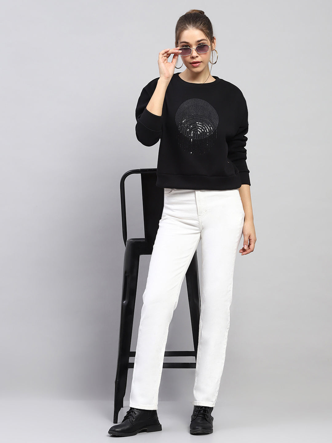 Women Black Embroidered Round Neck Full Sleeve Sweatshirt