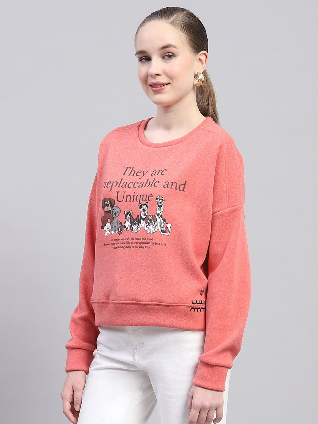 Women Peach Printed Round Neck Full Sleeve Sweatshirt