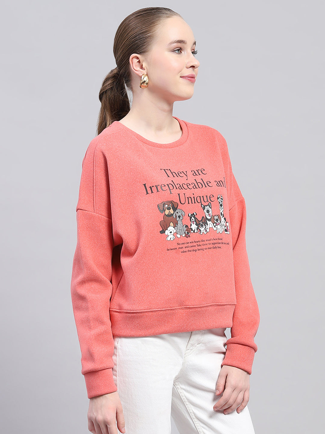 Women Peach Printed Round Neck Full Sleeve Sweatshirt