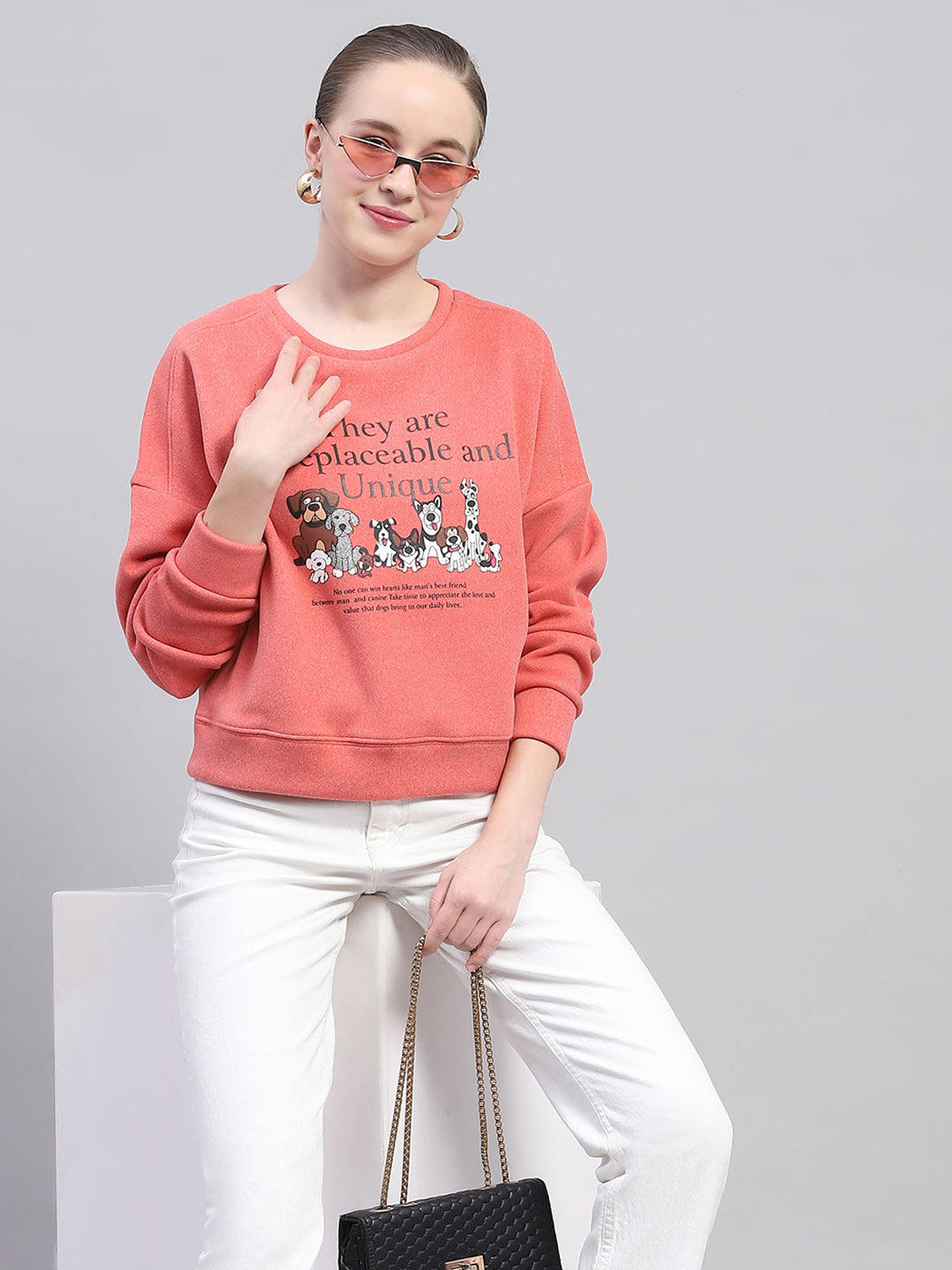 Women Peach Printed Round Neck Full Sleeve Sweatshirt