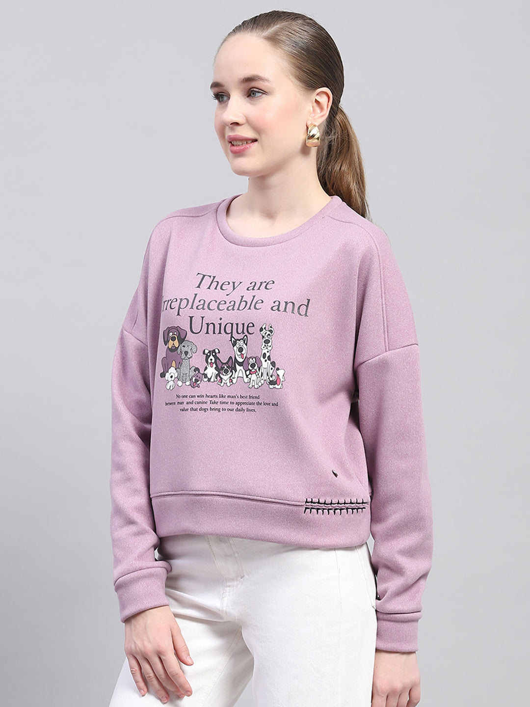 Women Purple Printed Round Neck Full Sleeve Sweatshirt