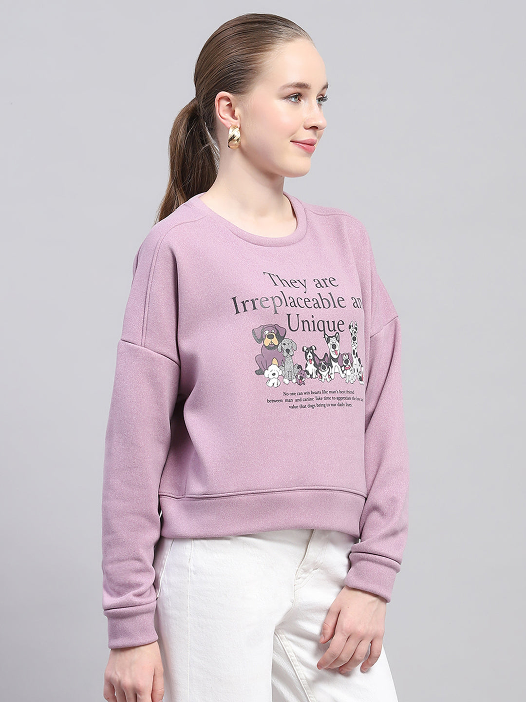 Women Purple Printed Round Neck Full Sleeve Sweatshirt