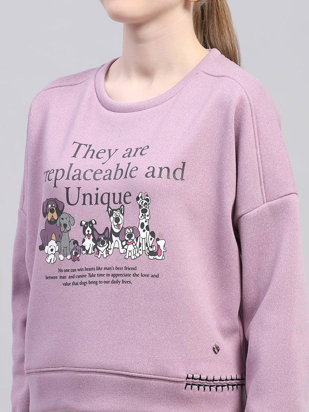 Women Purple Printed Round Neck Full Sleeve Sweatshirt