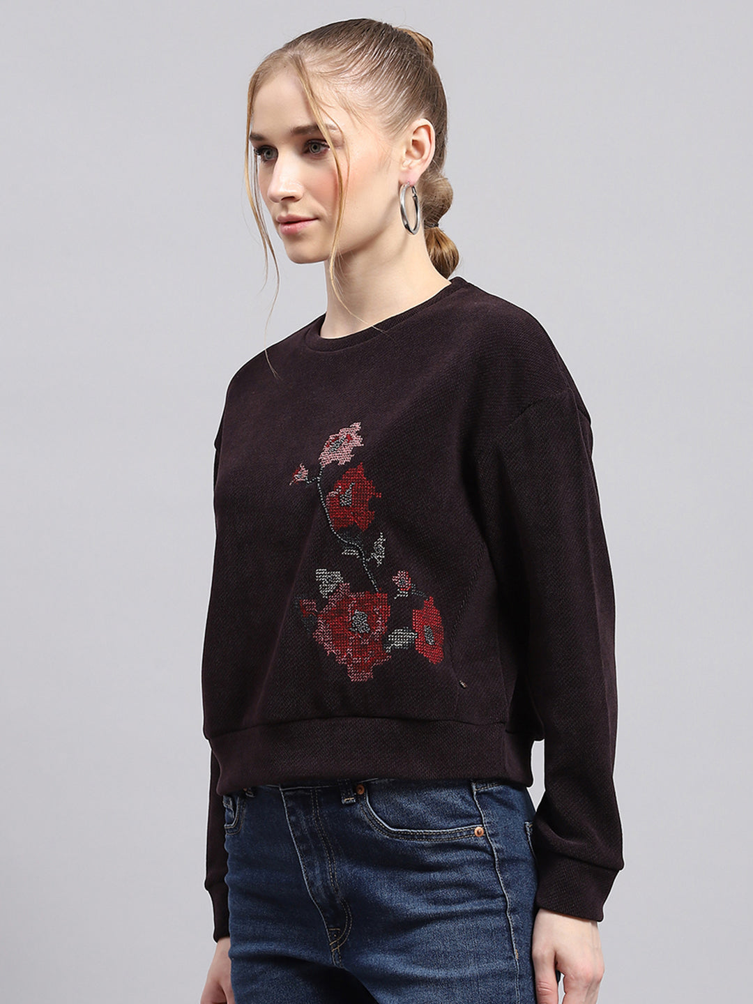 Women Maroon Printed Round Neck Full Sleeve Sweatshirt