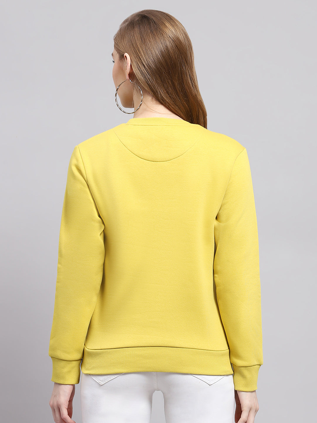 Women Yellow Printed Round Neck Full Sleeve Sweatshirt