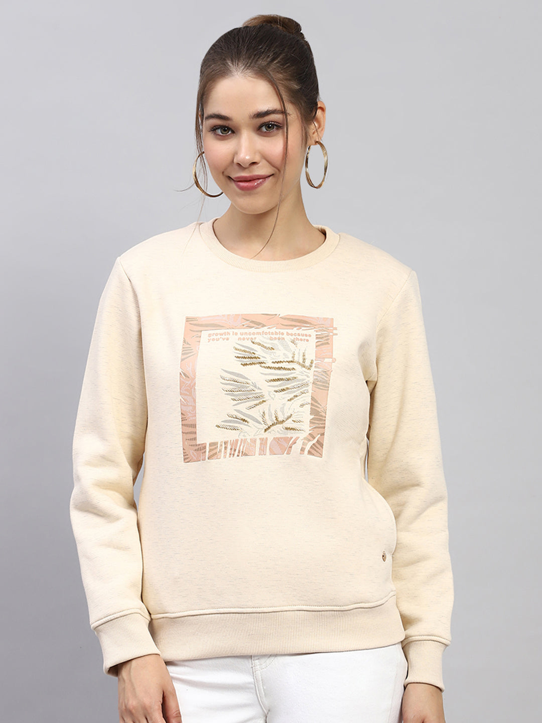 Women Beige Printed Round Neck Full Sleeve Sweatshirt