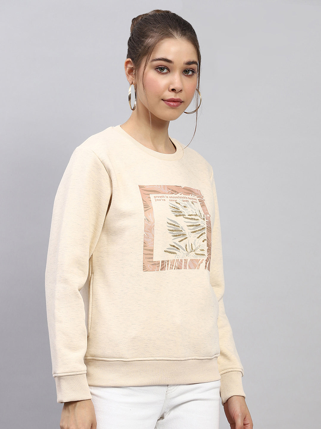 Women Beige Printed Round Neck Full Sleeve Sweatshirt