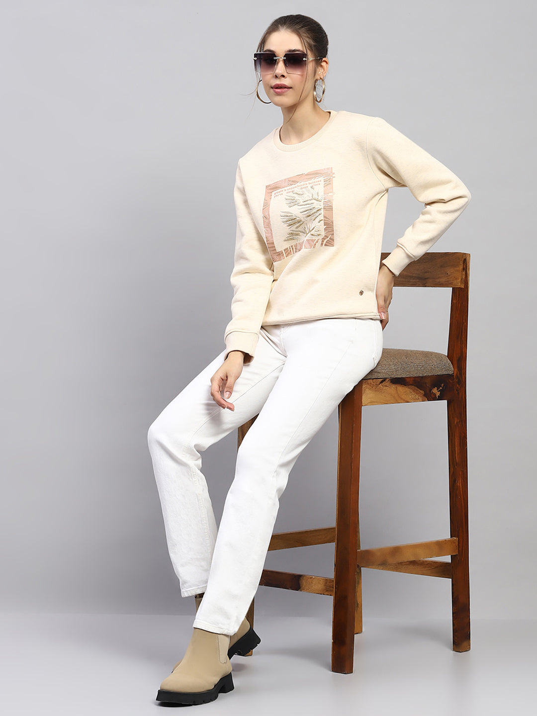 Women Beige Printed Round Neck Full Sleeve Sweatshirt