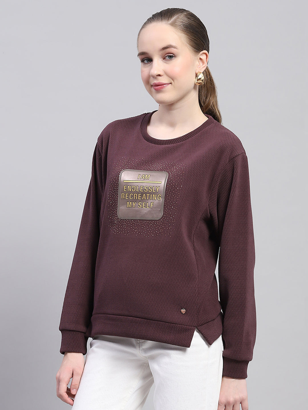 Women Maroon Printed Round Neck Full Sleeve Sweatshirt