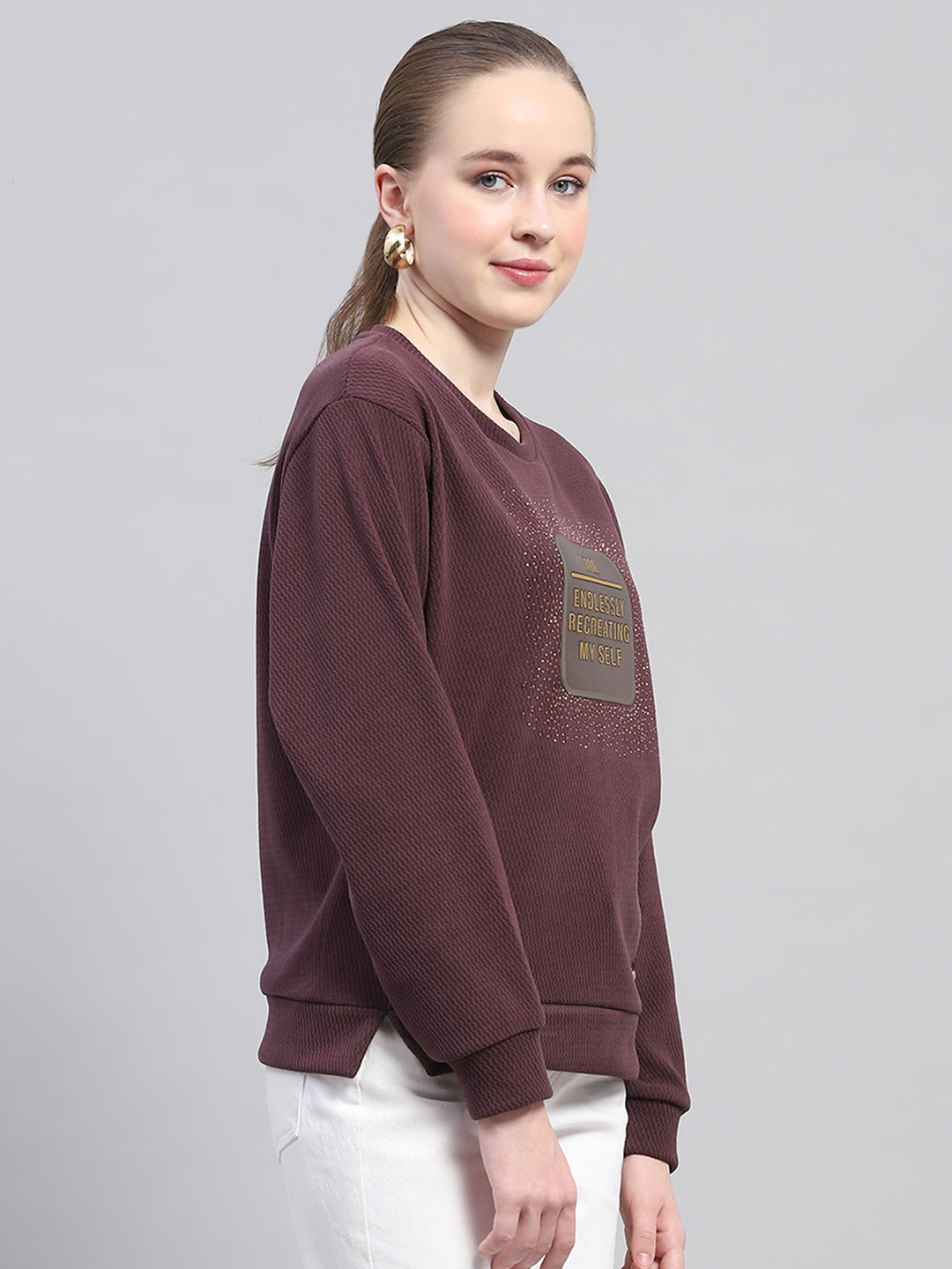 Women Maroon Printed Round Neck Full Sleeve Sweatshirt