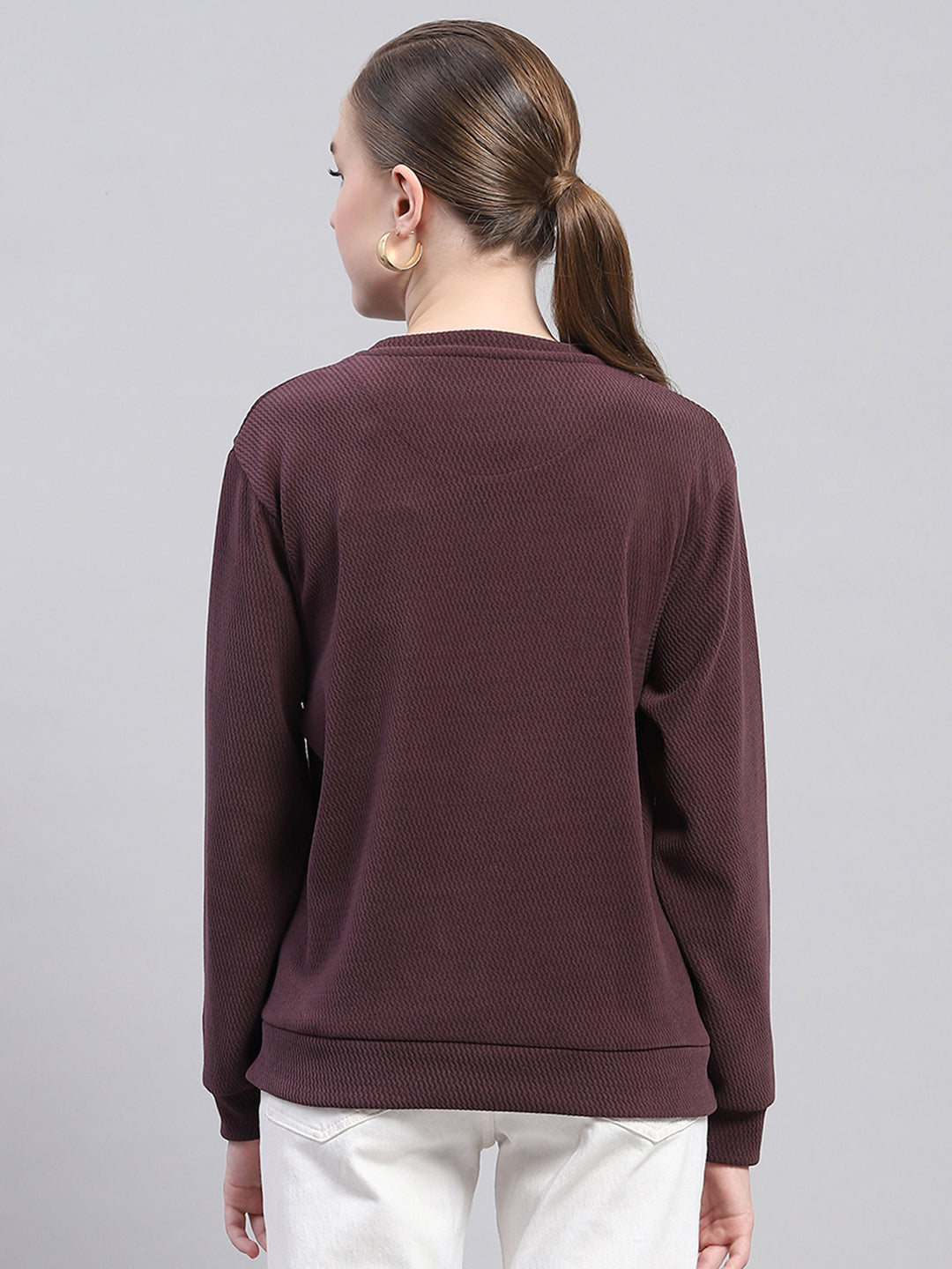 Women Maroon Printed Round Neck Full Sleeve Sweatshirt