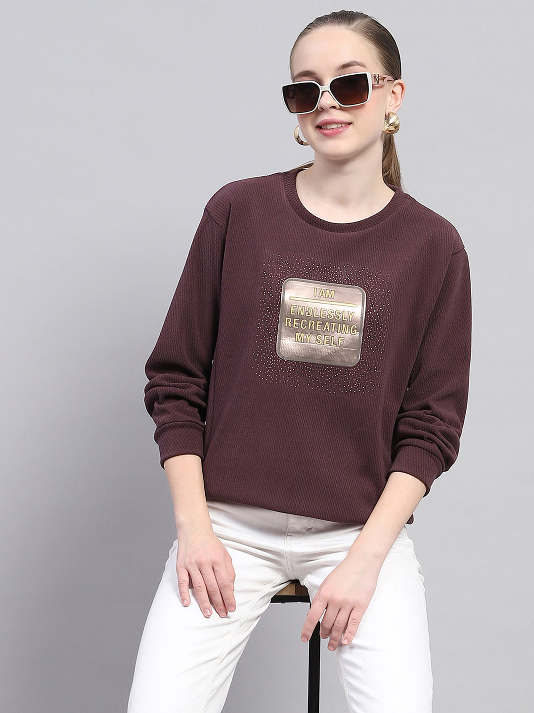 Women Maroon Printed Round Neck Full Sleeve Sweatshirt