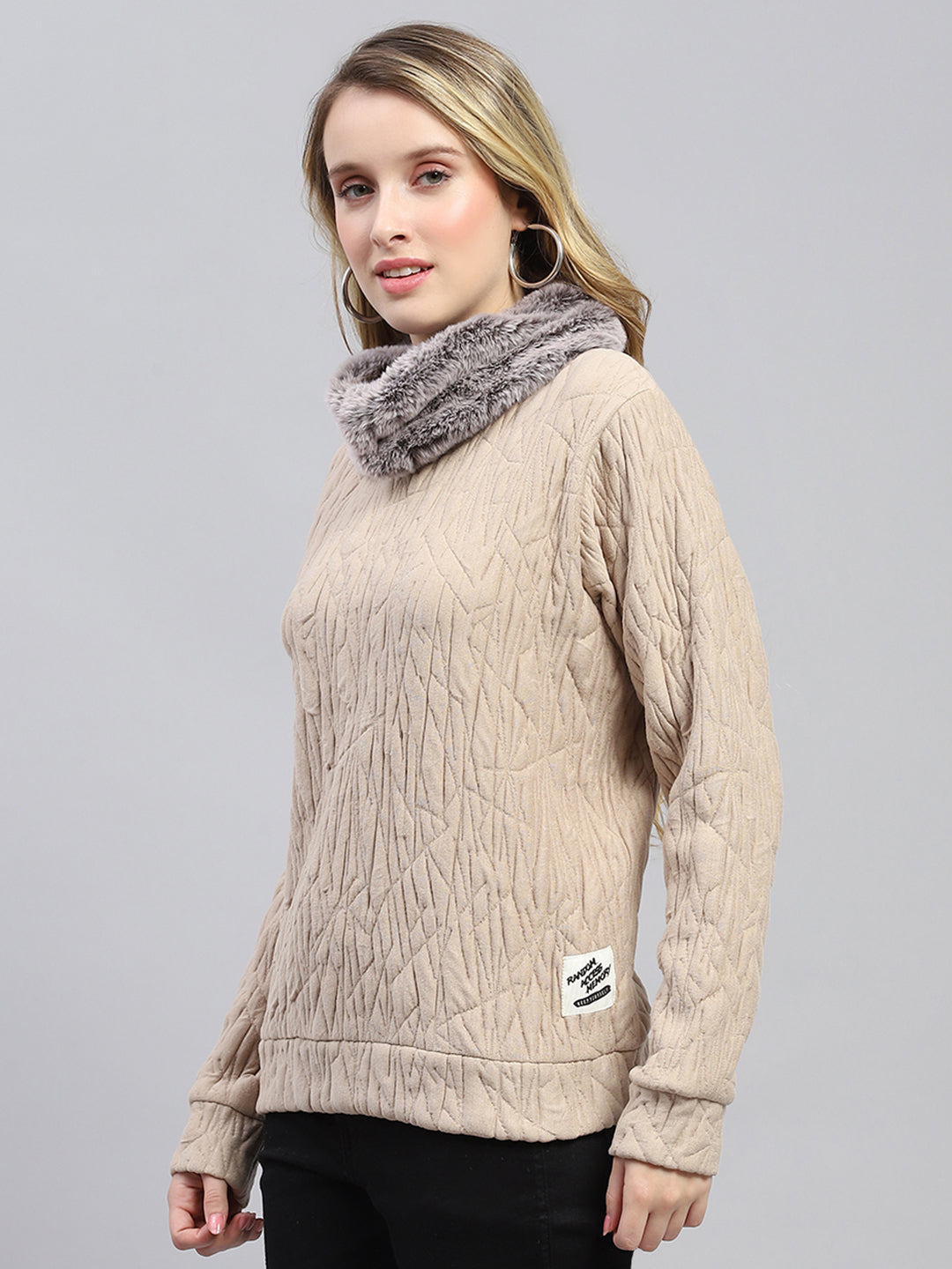 Women Beige Self Design Round Neck Full Sleeve Sweatshirt