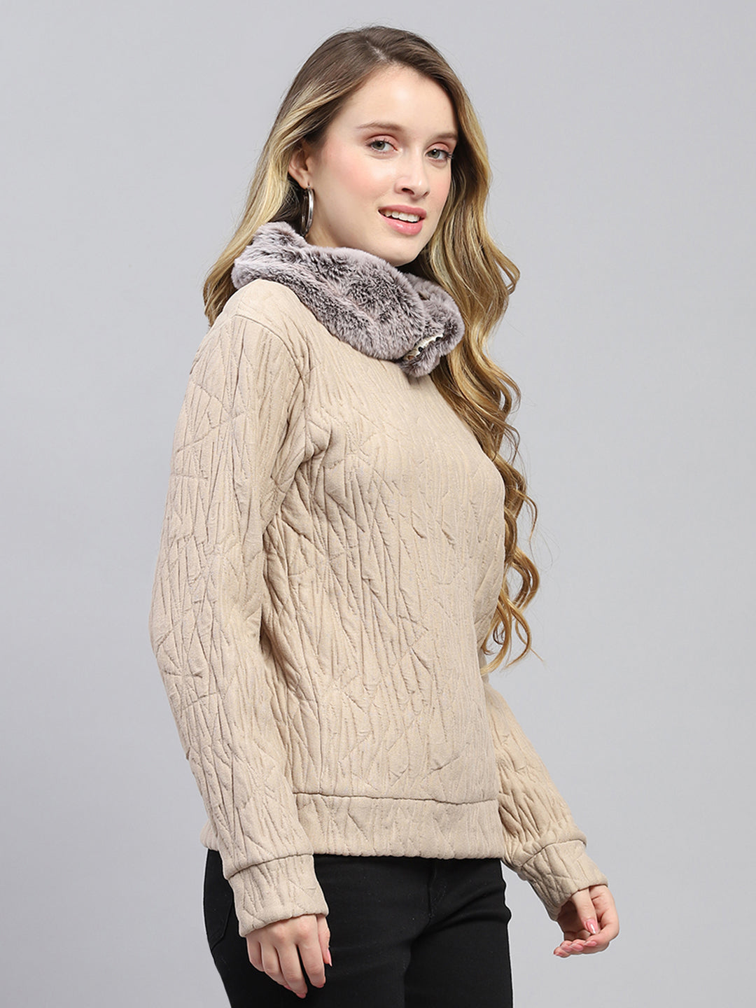 Women Beige Self Design Round Neck Full Sleeve Sweatshirt