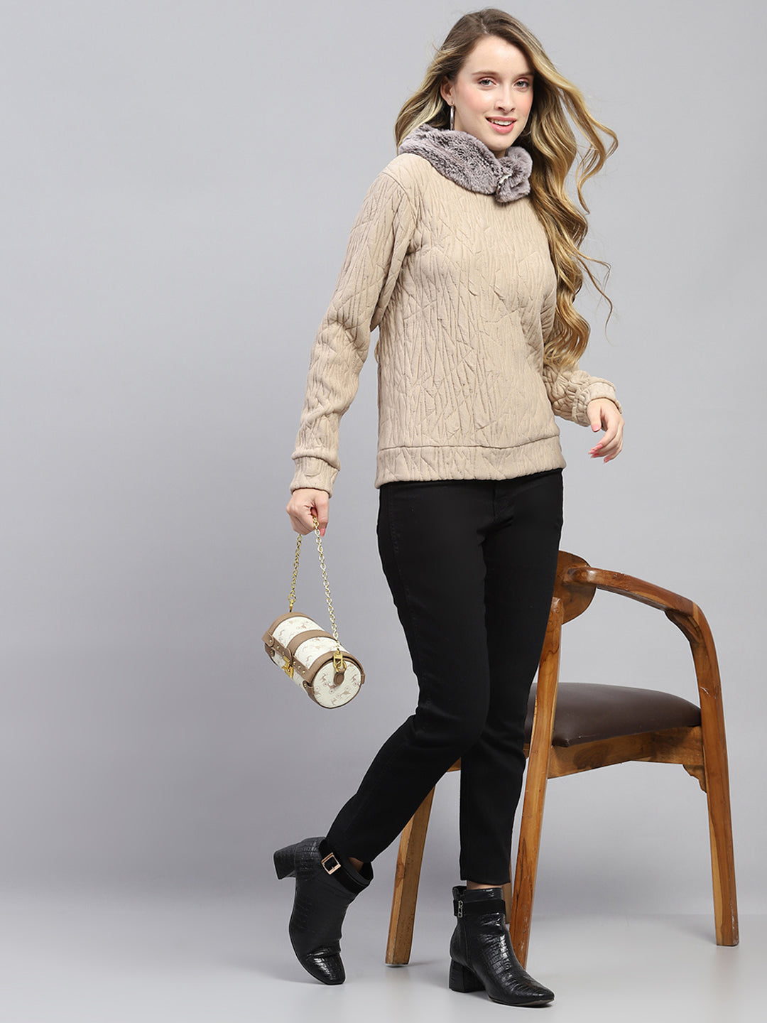 Women Beige Self Design Round Neck Full Sleeve Sweatshirt