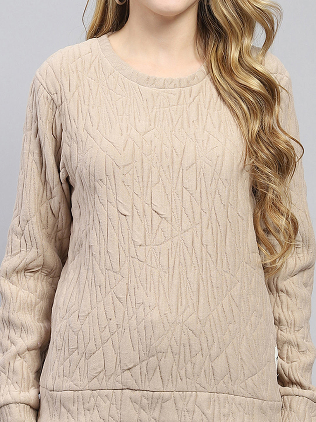 Women Beige Self Design Round Neck Full Sleeve Sweatshirt