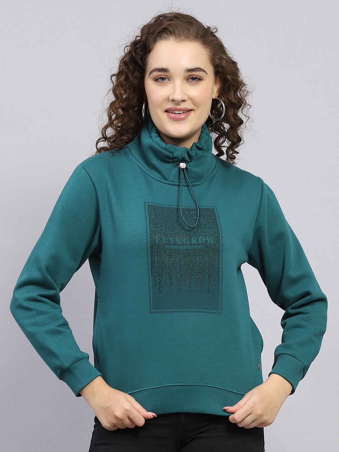 Women Green Printed High Neck Full Sleeve Sweatshirt